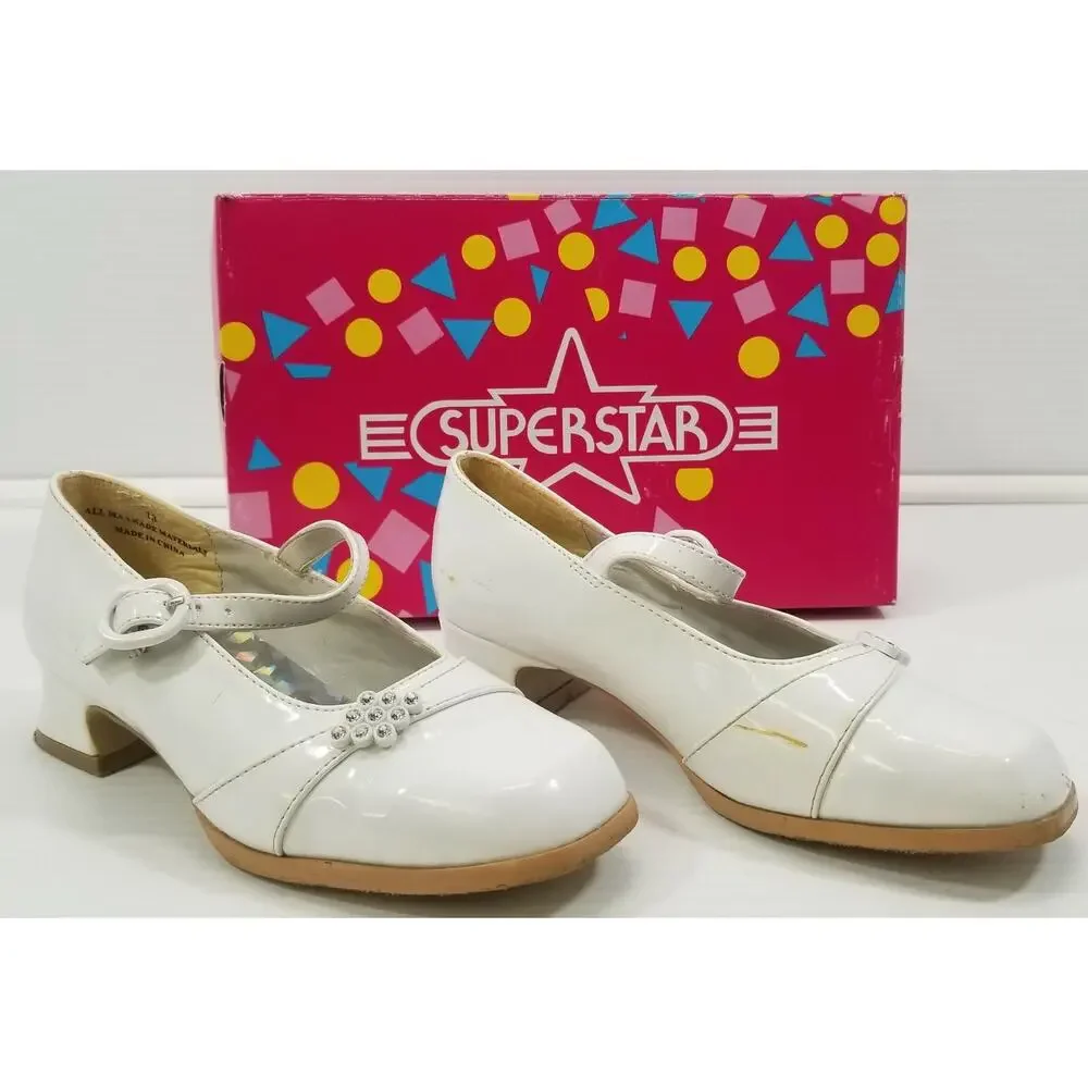 *D) Vintage Superstar Kid Girl's White Low Heel Strap Shoes 13